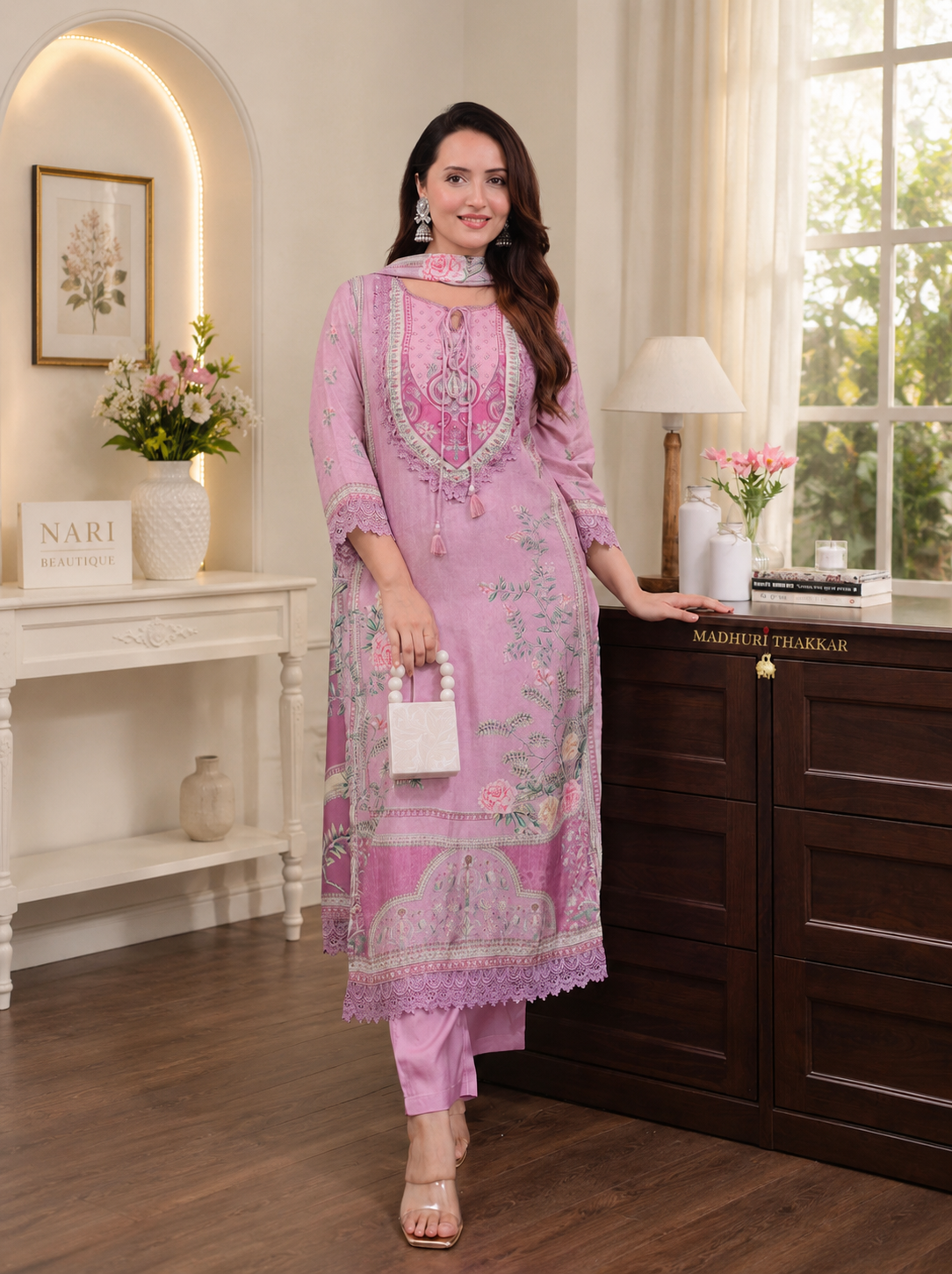 Pastel Pink Floral Embroidered Suit Set with Lace Detailing & Printed Dupatta