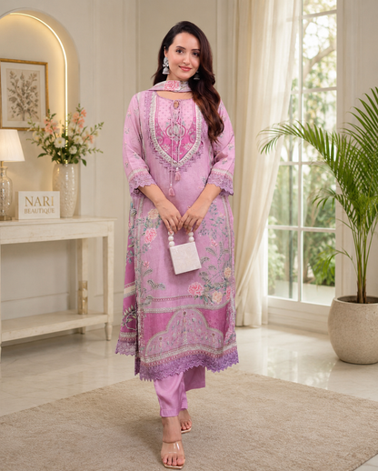 Pastel Pink Floral Embroidered Suit Set with Lace Detailing & Printed Dupatta
