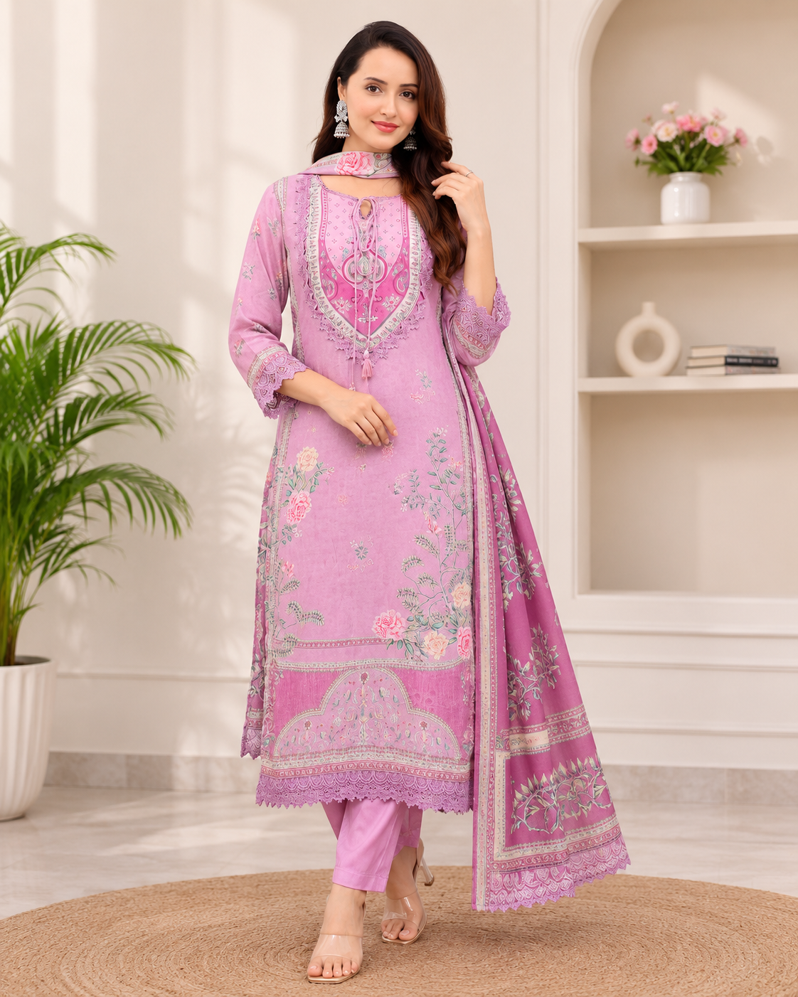 Pastel Pink Floral Embroidered Suit Set with Lace Detailing & Printed Dupatta