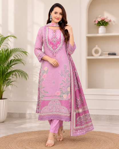 Pastel Pink Floral Embroidered Suit Set with Lace Detailing & Printed Dupatta