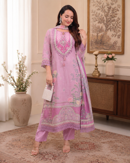 Pastel Pink Floral Embroidered Suit Set with Lace Detailing & Printed Dupatta