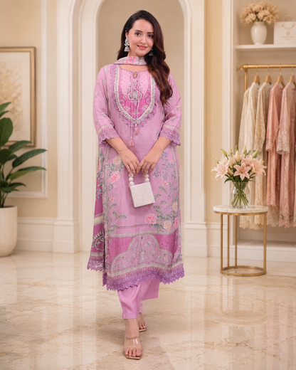 Pastel Pink Floral Embroidered Suit Set with Lace Detailing & Printed Dupatta