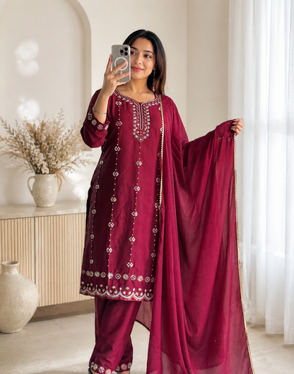 Elegant Wine Embroidered Designer Kurta Set with Dupatta
