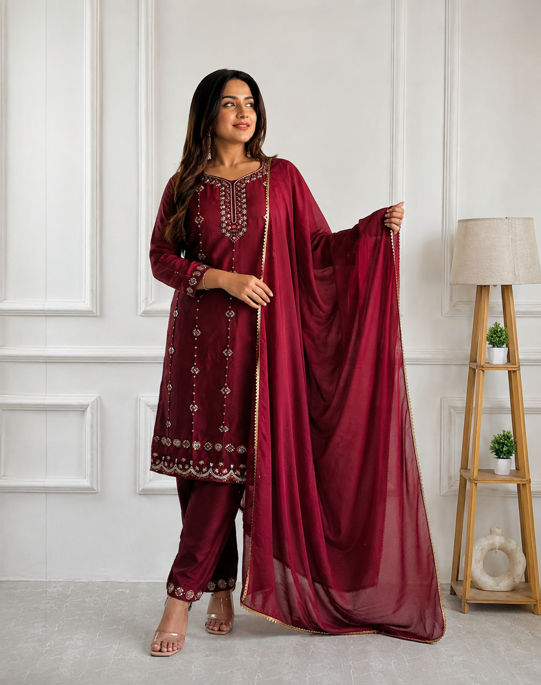 Elegant Wine Embroidered Designer Kurta Set with Dupatta