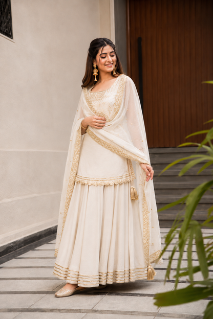 Graceful White Gold Embroidered Sharara Suit Set