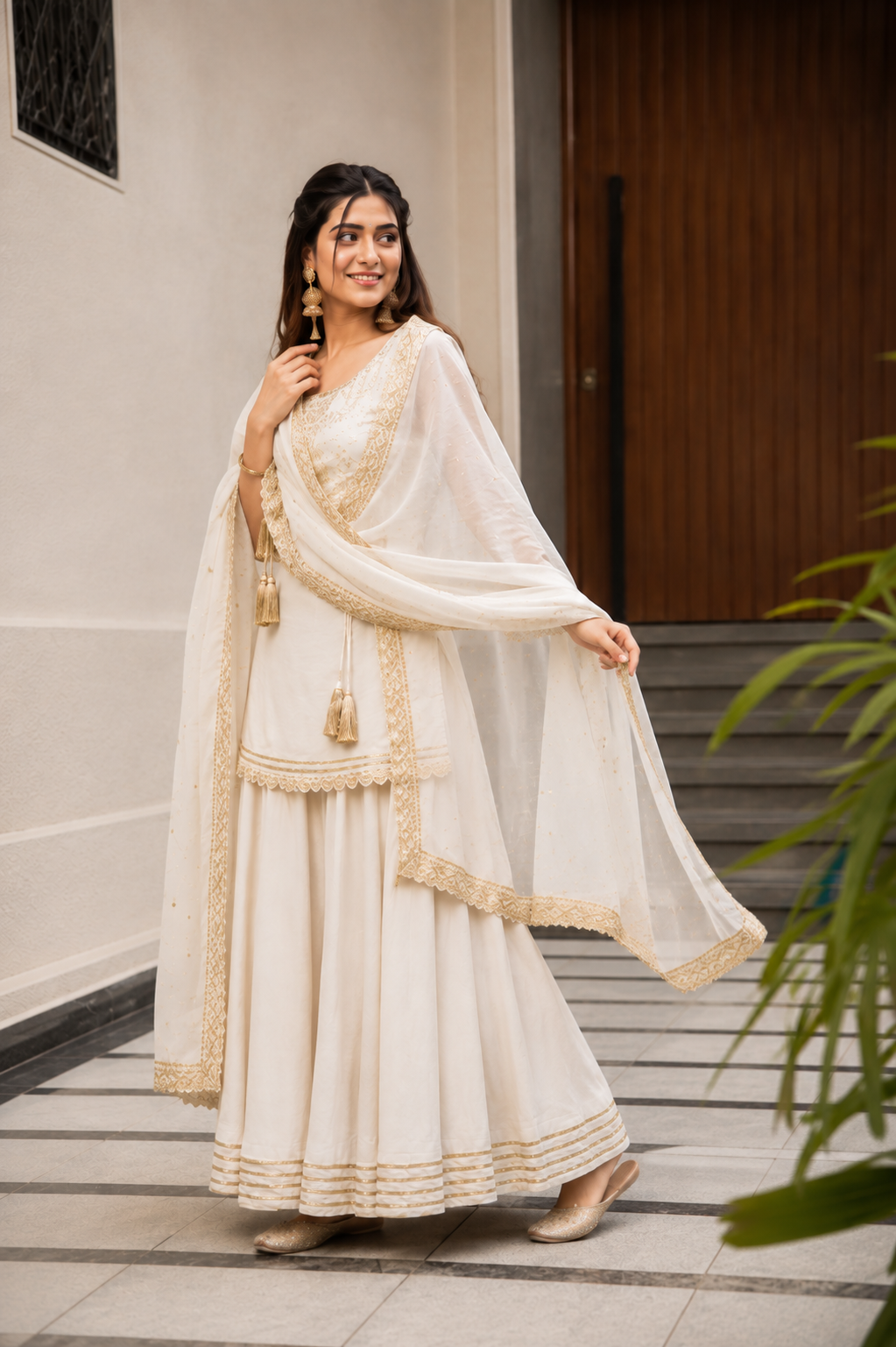 Graceful White Gold Embroidered Sharara Suit Set