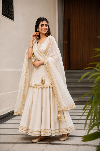 Graceful White Gold Embroidered Sharara Suit Set
