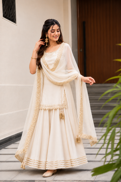 Graceful White Gold Embroidered Sharara Suit Set