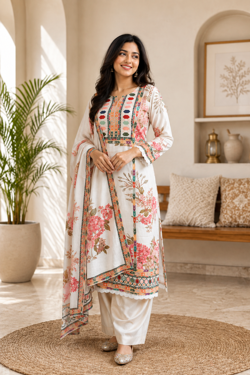 Elegant White Muslin Silk Floral Printed Suit Set for Women