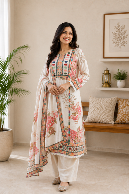 Elegant White Muslin Silk Floral Printed Suit Set for Women