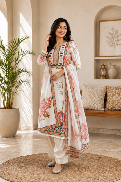 Elegant White Muslin Silk Floral Printed Suit Set for Women