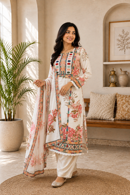 Elegant White Muslin Silk Floral Printed Suit Set for Women