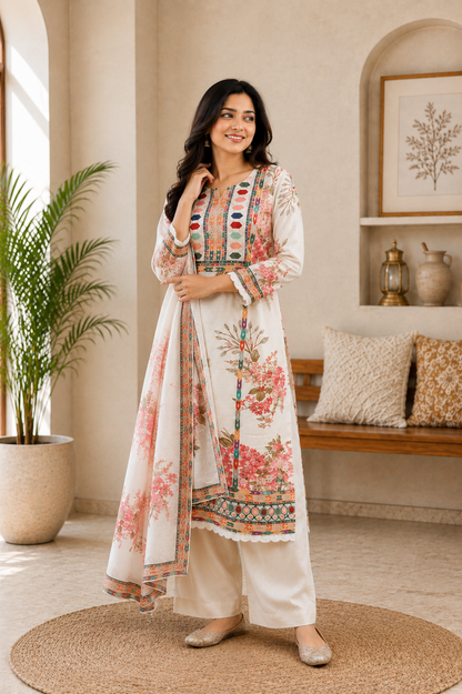 Elegant White Muslin Silk Floral Printed Suit Set for Women