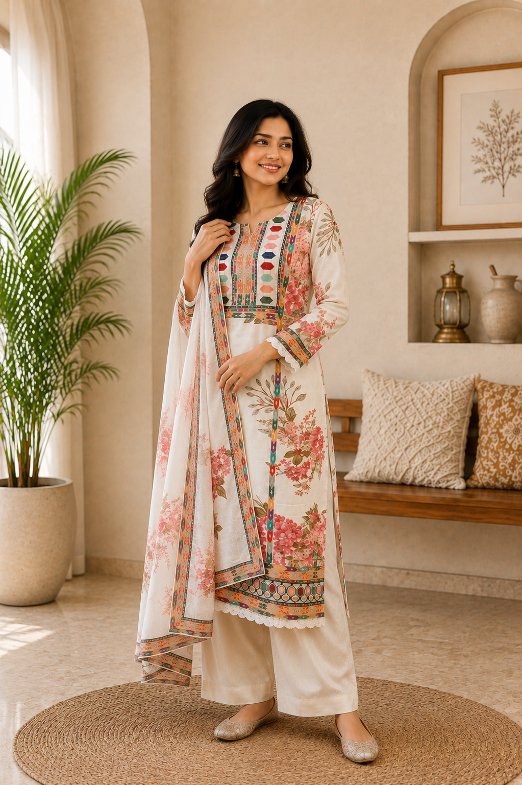 Elegant White Muslin Silk Floral Printed Suit Set for Women