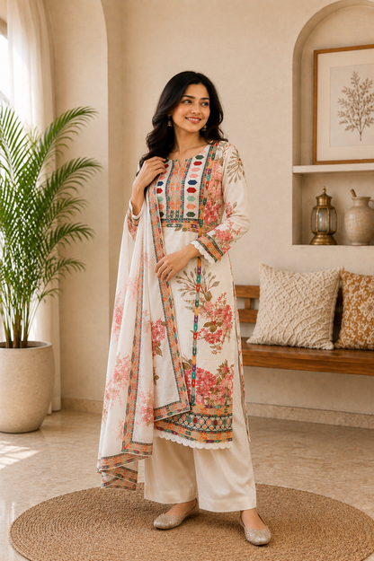 Elegant White Muslin Silk Floral Printed Suit Set for Women