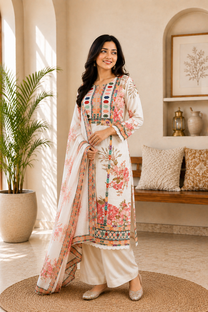 Elegant White Muslin Silk Floral Printed Suit Set for Women
