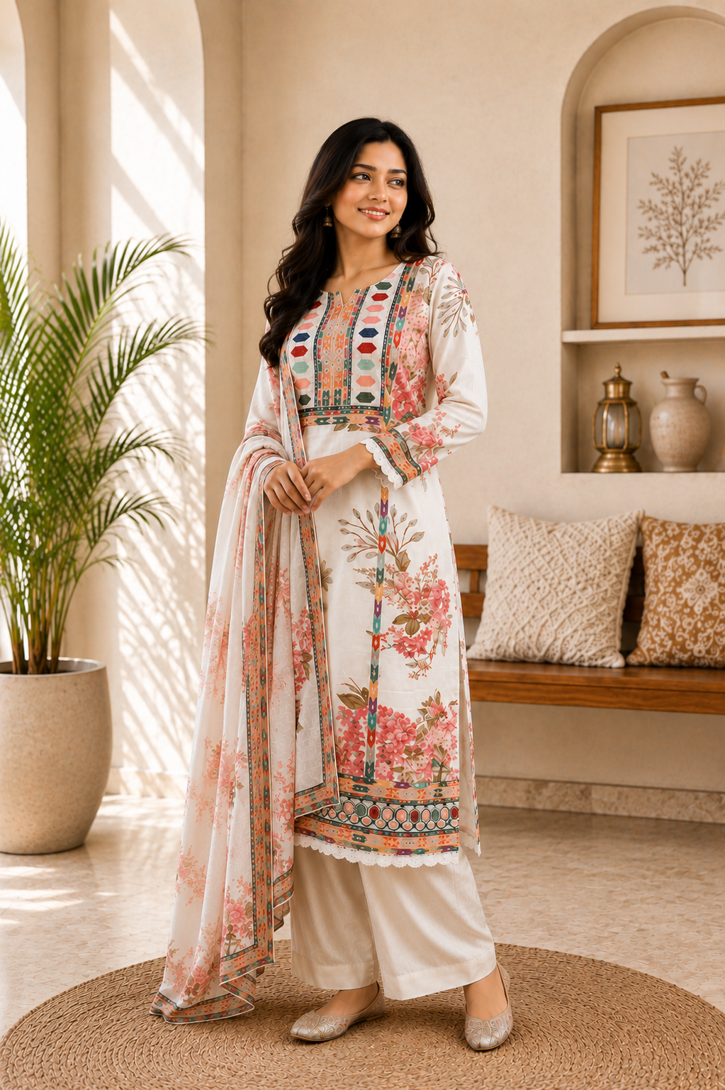 Elegant White Muslin Silk Floral Printed Suit Set for Women