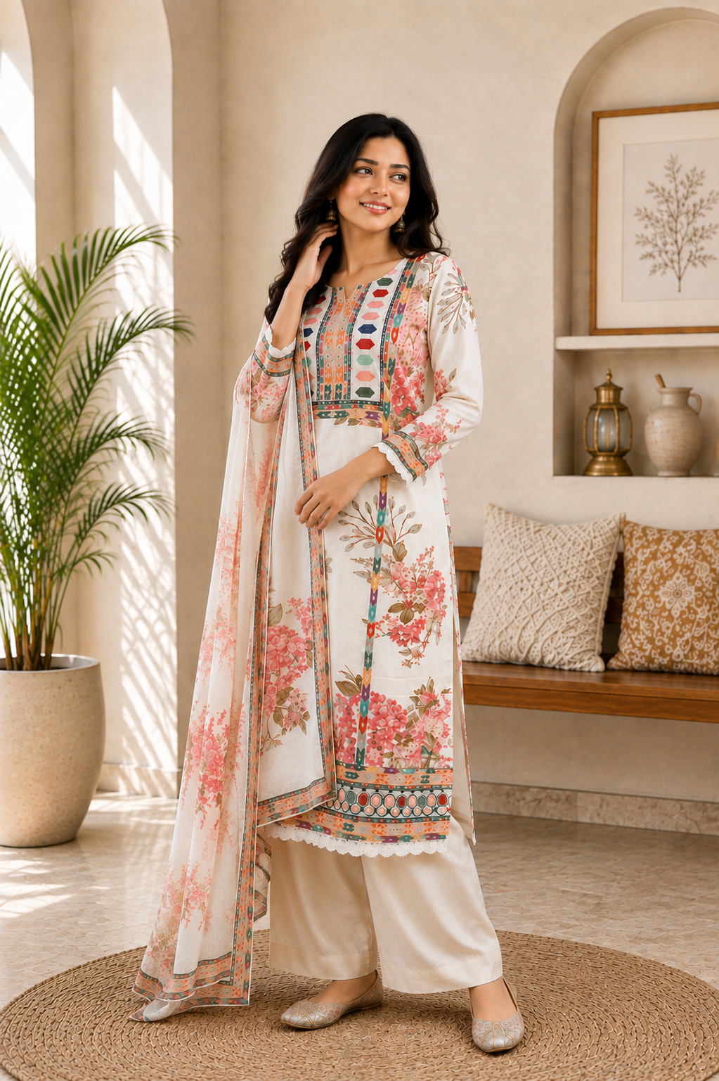 Elegant White Muslin Silk Floral Printed Suit Set for Women