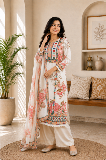 Elegant White Muslin Silk Floral Printed Suit Set for Women