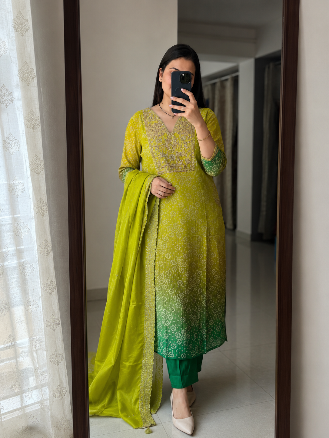 Elegant Lime Green Ombre Embroidered Russian Silk Blend Kurta Pant Set