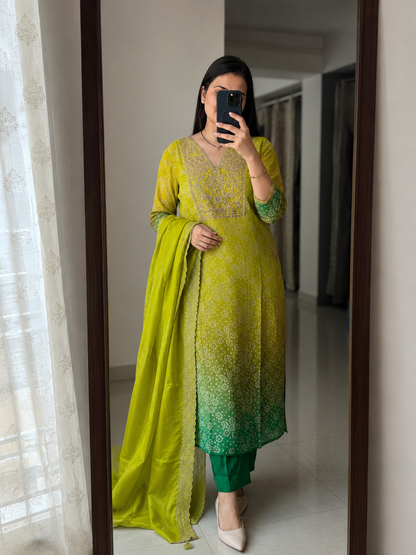 Elegant Lime Green Ombre Embroidered Russian Silk Blend Kurta Pant Set
