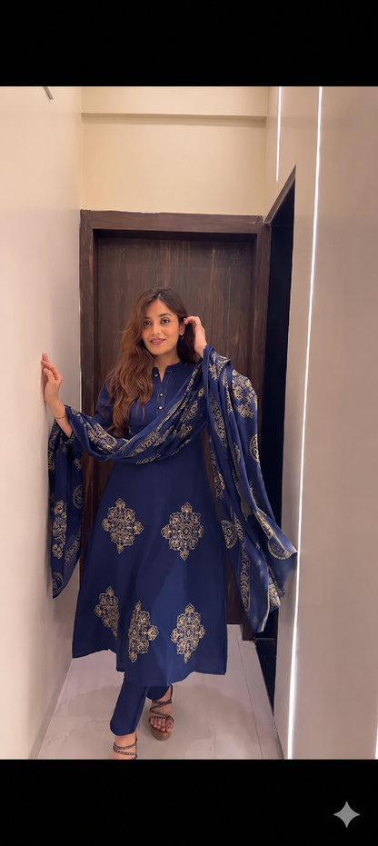 Radiant Navy Blue Pure Cotton Printed Kurta Pant & Dupatta Set for Women