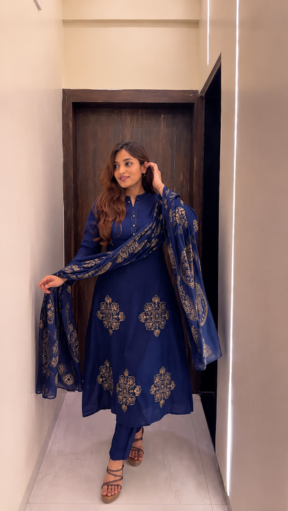 Radiant Navy Blue Pure Cotton Printed Kurta Pant & Dupatta Set for Women