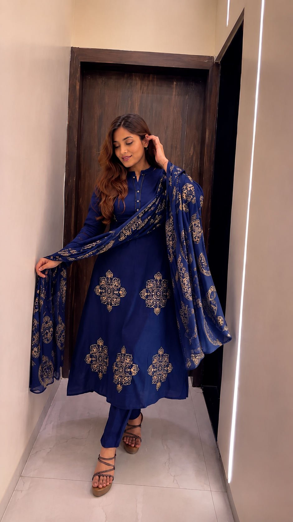 Radiant Navy Blue Pure Cotton Printed Kurta Pant & Dupatta Set for Women