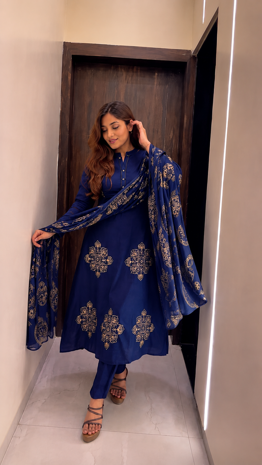 Radiant Navy Blue Pure Cotton Printed Kurta Pant & Dupatta Set for Women