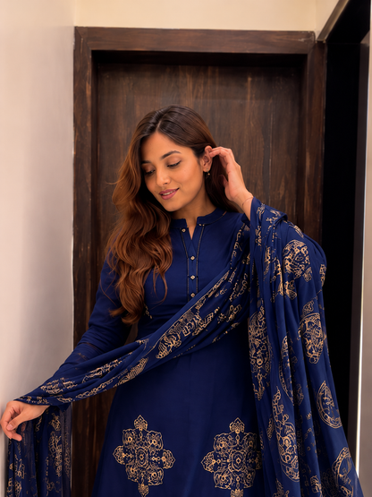 Radiant Navy Blue Pure Cotton Printed Kurta Pant & Dupatta Set for Women