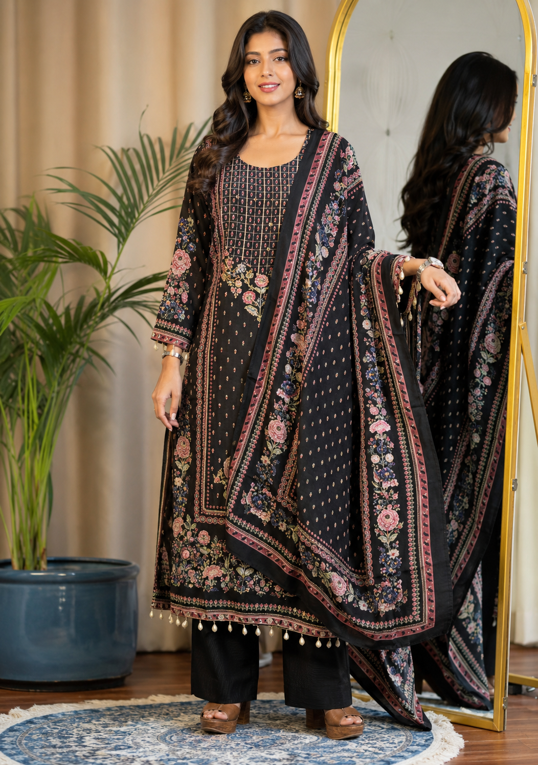 Elegant Black Muslin Floral Printed Suit Set with Designer Dupatta