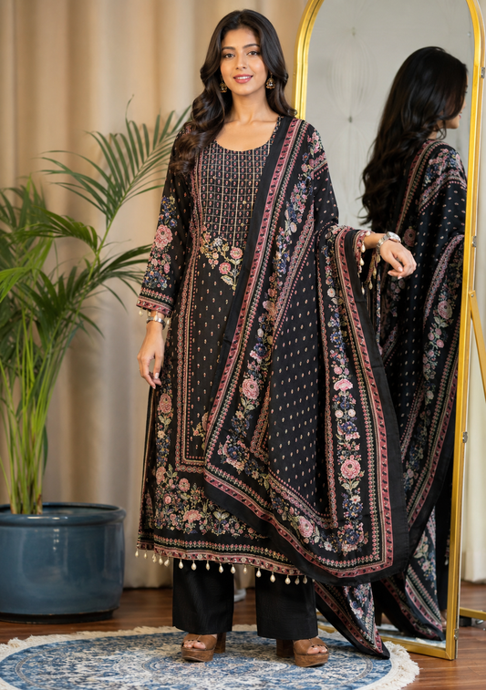 Elegant Black Muslin Floral Printed Suit Set with Designer Dupatta