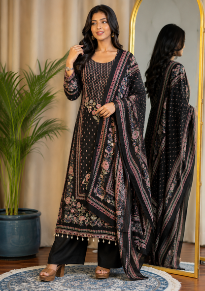 Elegant Black Muslin Floral Printed Suit Set with Designer Dupatta