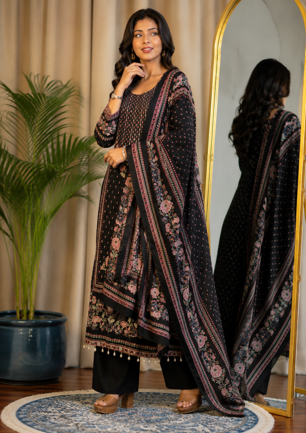 Elegant Black Muslin Floral Printed Suit Set with Designer Dupatta