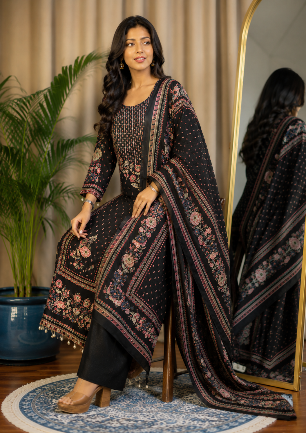 Elegant Black Muslin Floral Printed Suit Set with Designer Dupatta