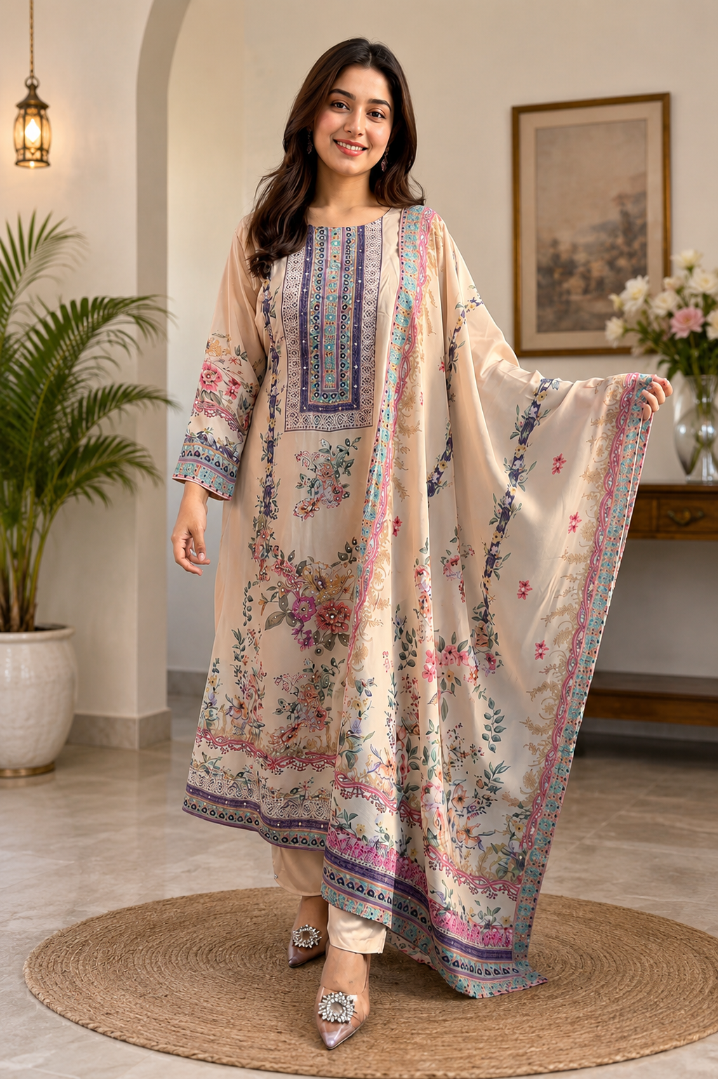 Graceful Floral Printed Premium Suit Set with Designer Neckline & Matching Dupatta