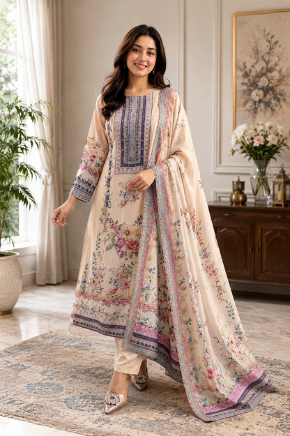 Graceful Floral Printed Premium Suit Set with Designer Neckline & Matching Dupatta