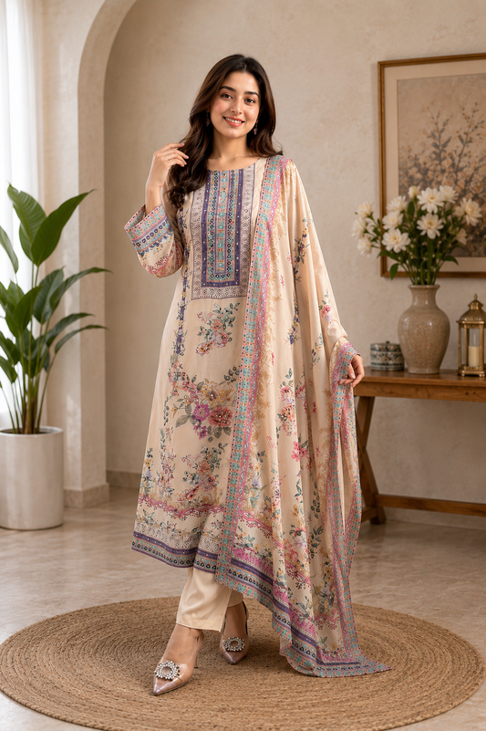Graceful Floral Printed Premium Suit Set with Designer Neckline & Matching Dupatta