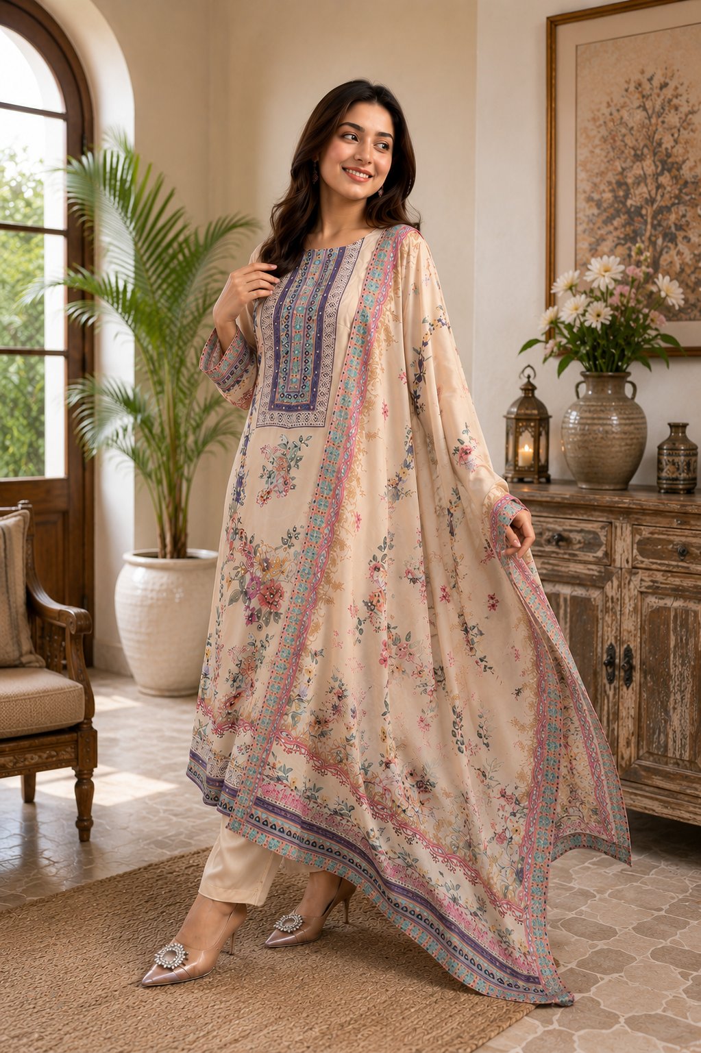 Graceful Floral Printed Premium Suit Set with Designer Neckline & Matching Dupatta