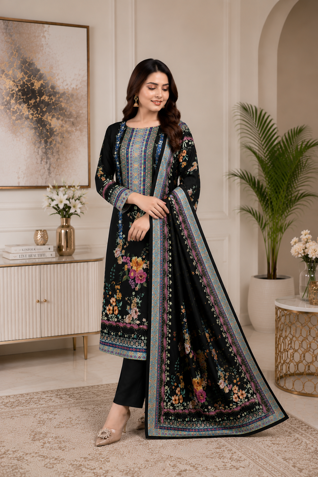 Black Floral Printed Kurta Set with Dupatta & Straight Pants