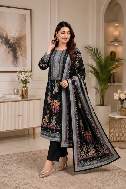 Black Floral Printed Kurta Set with Dupatta & Straight Pants