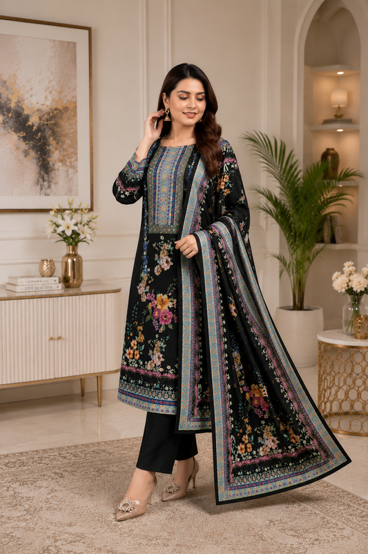 Black Floral Printed Kurta Set with Dupatta & Straight Pants