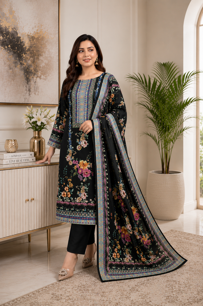 Black Floral Printed Kurta Set with Dupatta & Straight Pants