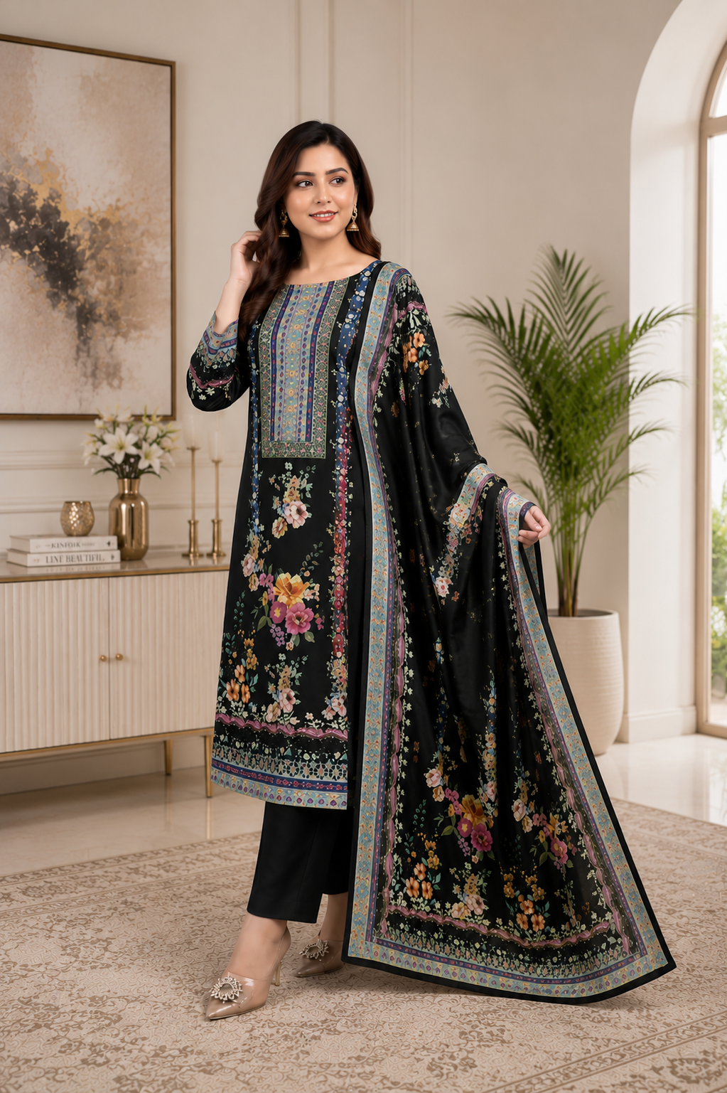 Black Floral Printed Kurta Set with Dupatta & Straight Pants