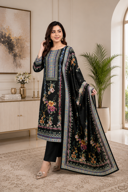Black Floral Printed Kurta Set with Dupatta & Straight Pants