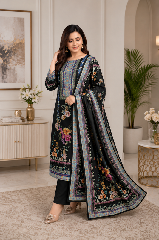 Black Floral Printed Kurta Set with Dupatta & Straight Pants