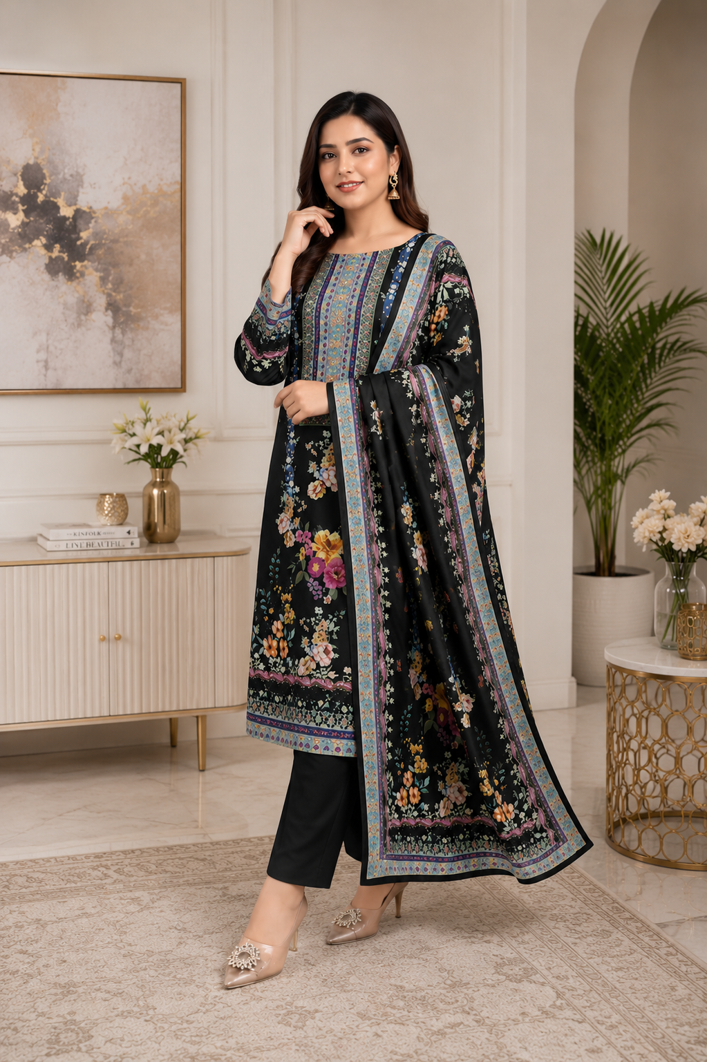 Black Floral Printed Kurta Set with Dupatta & Straight Pants