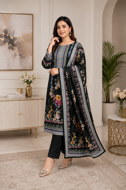 Black Floral Printed Kurta Set with Dupatta & Straight Pants