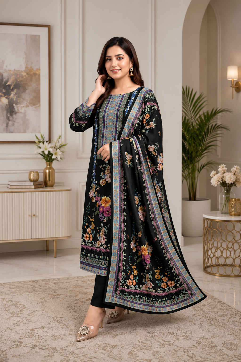 Black Floral Printed Kurta Set with Dupatta & Straight Pants