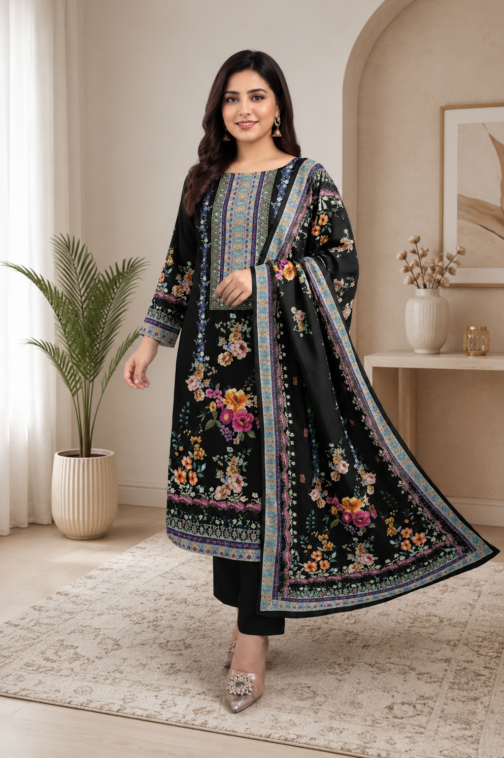 Black Floral Printed Kurta Set with Dupatta & Straight Pants
